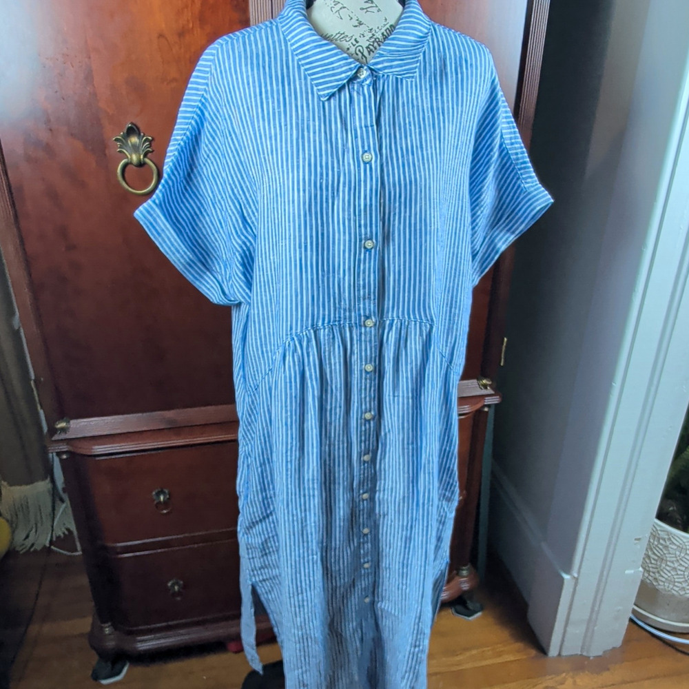 Talbots Petite PXL Blue/White Striped Linen Shirt Dress Midi Pockets